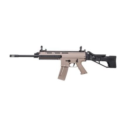 GSG-15 .22 LR rifle in tan with a black folding stock and flip up sights