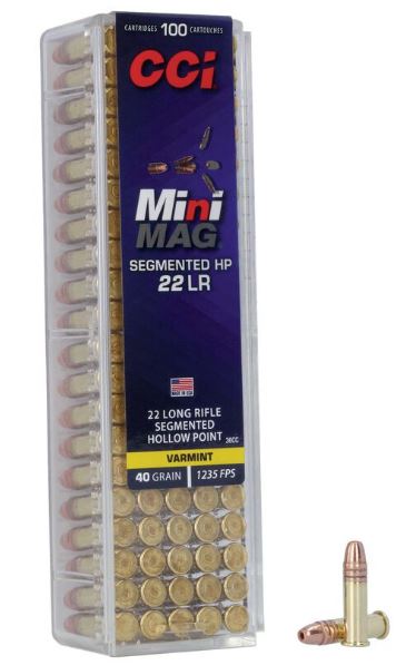 CCI Mini Mag .22 LR segmented HP box CCI Mini Mag .22 LR 40 gr segmented hollow point 100-round box with a cartridge
